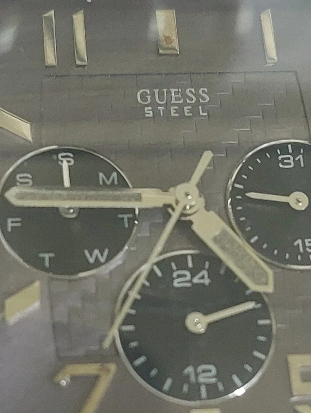GUESS Steel Square Tank Watch Gunmetal Dial Subdials Silver Tone - Needs Battery